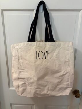 Rae Dunn Natural Canvas Tote with Black Handles-LOVE